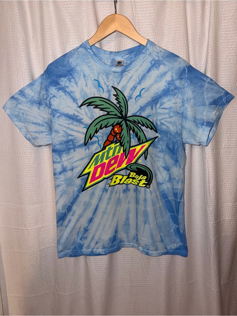 Y2K Mountain Dew Baja Blast Palm Tree Graphic Tee Tie Dye Shirt Medium Colortone